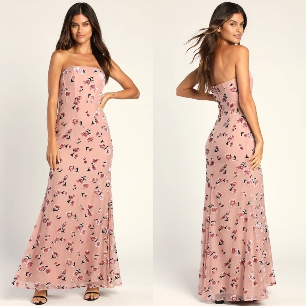 Lulus Always Dancing Mauve Floral Strapless Maxi Dress Wedding Party Floral